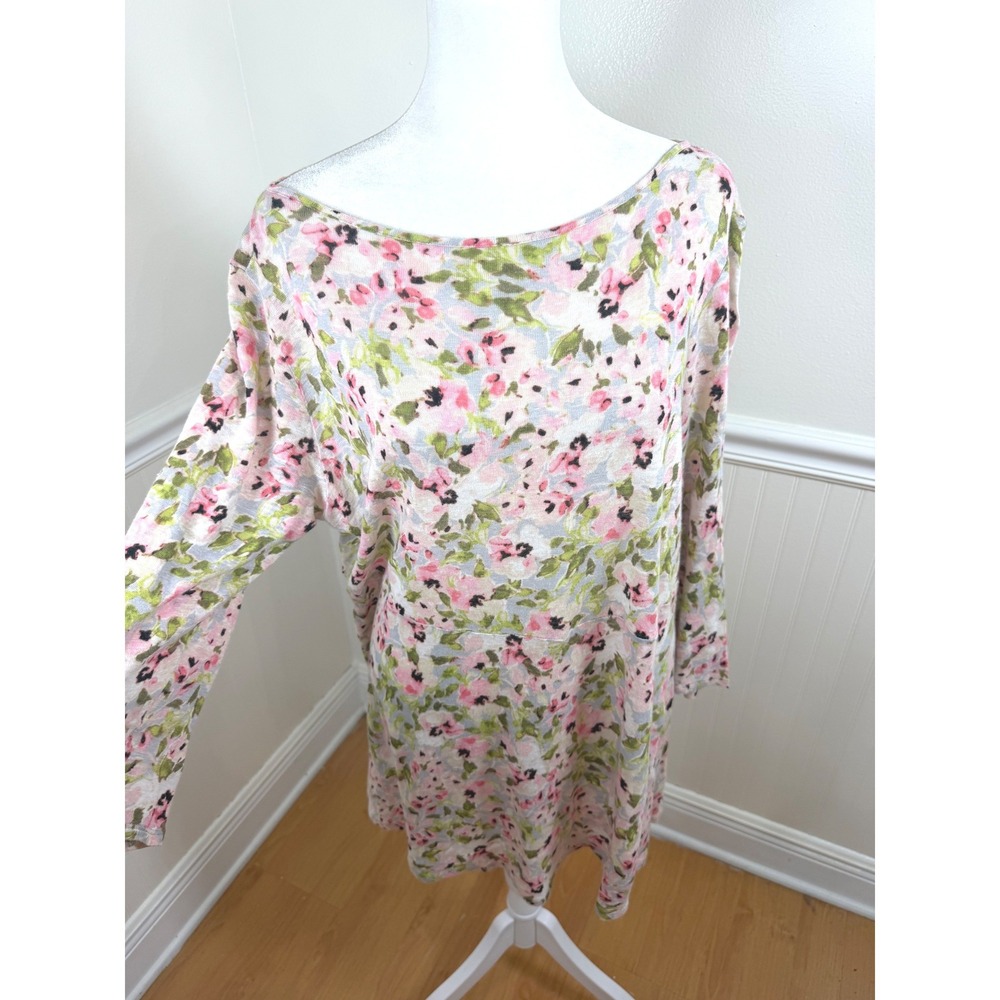 J. Jill Love Linen Floral Tunic Women Size S Pink Green 100% Linen Boat Neck Tie